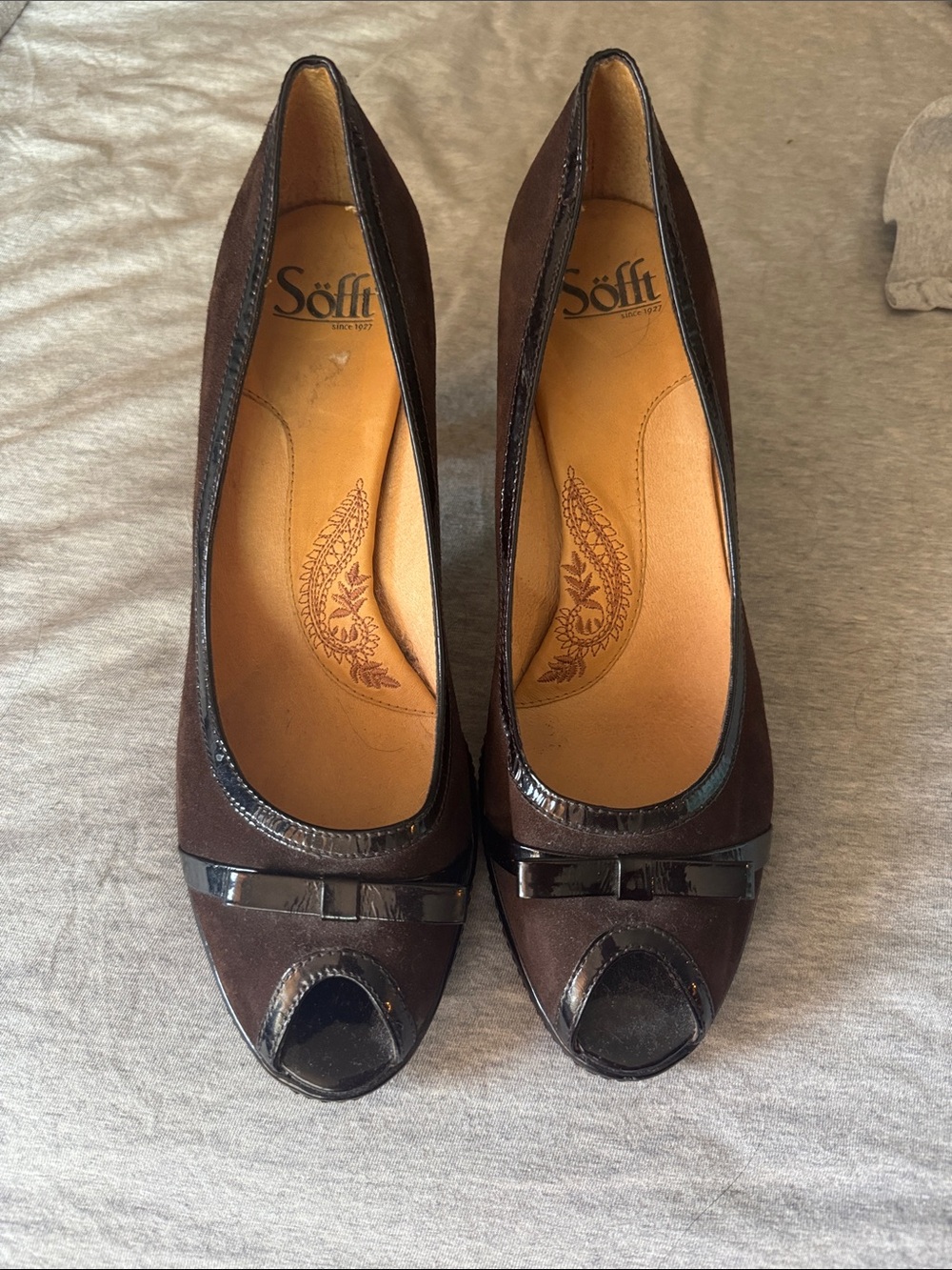 Söfft Dark Brown Peep-Toe Heels with Patent Trim